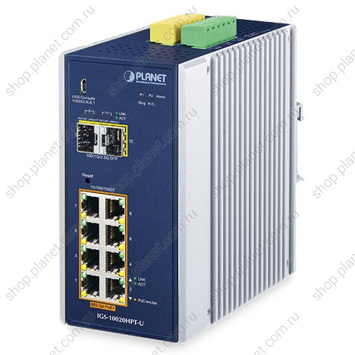 IGS-10020HPT-U Коммутатор промышленный управляемый L2+/L4, PoE+ 8 портов RJ45 10/100/1000, 2 порта SFP 1000/2.5G, крепление на DIN-рейку или стену купить в интернет-магазине shop.planet.com.ru