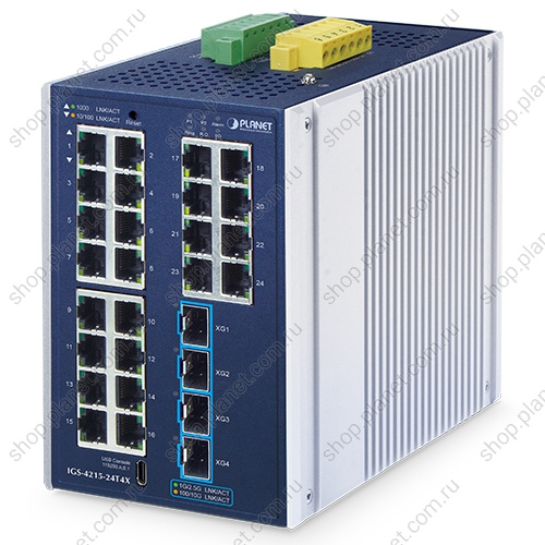Коммутатор промышленный управляемый L2+, 24 порта 10/100/1000 Мб/с, 4 порта SFP+ 10G Коммутатор промышленный управляемый L2+, 24 порта 10/100/1000 Мб/с, 4 порта SFP+ 10G IGS-4215-24T4X